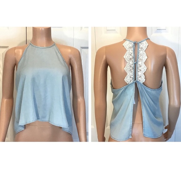 Wild Blue by Sadie Robertson Blue Chambray Open Back Halter Tank Top Size Medium - Picture 1 of 7